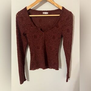 Free People Intimately Cloud Ride Notch Long Sleeve Burgundy Maroon Red XS